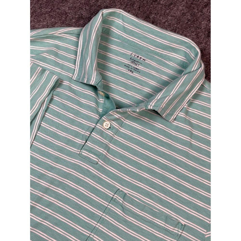 J. Crew Mens Large Polo Shirt Green White Striped Short Sleeve Ring‎ Spun Jersey